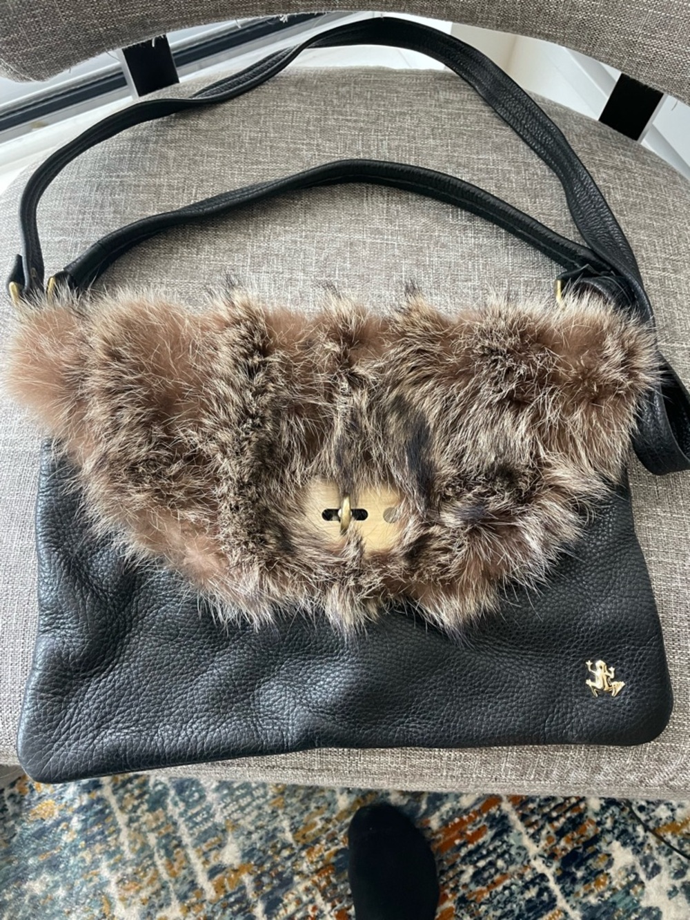 Black Leather Shoulder Bag with Brown Fur Trim